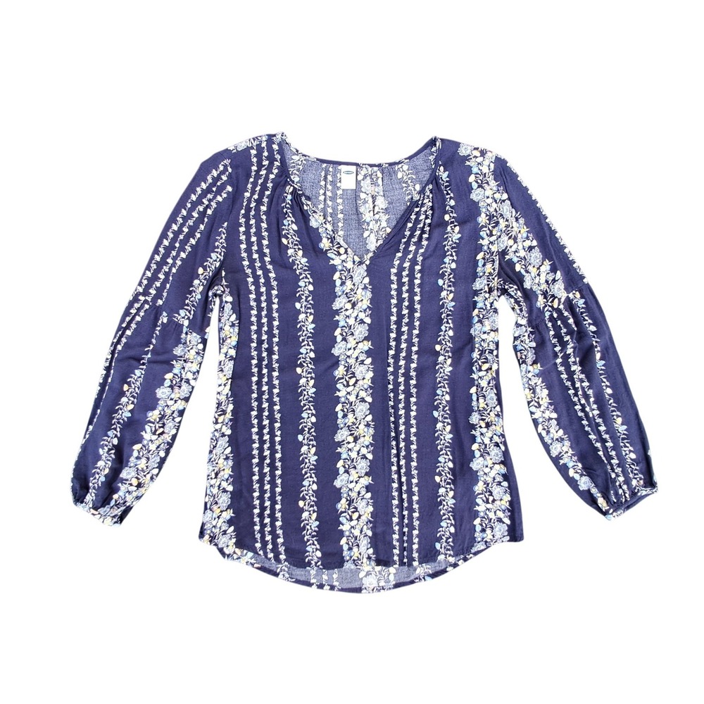 Old Navy Womens XS Navy Blue Floral Stripe Rayon Split Neck Relaxed‎ Blouse